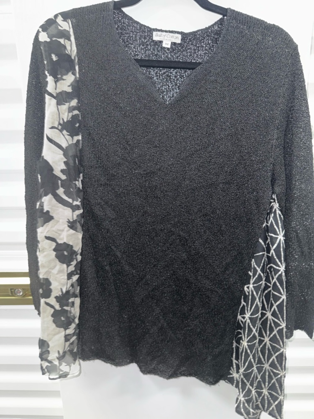 Ball of Cotton Black V-Neck Contrast-Sleeve Sweater